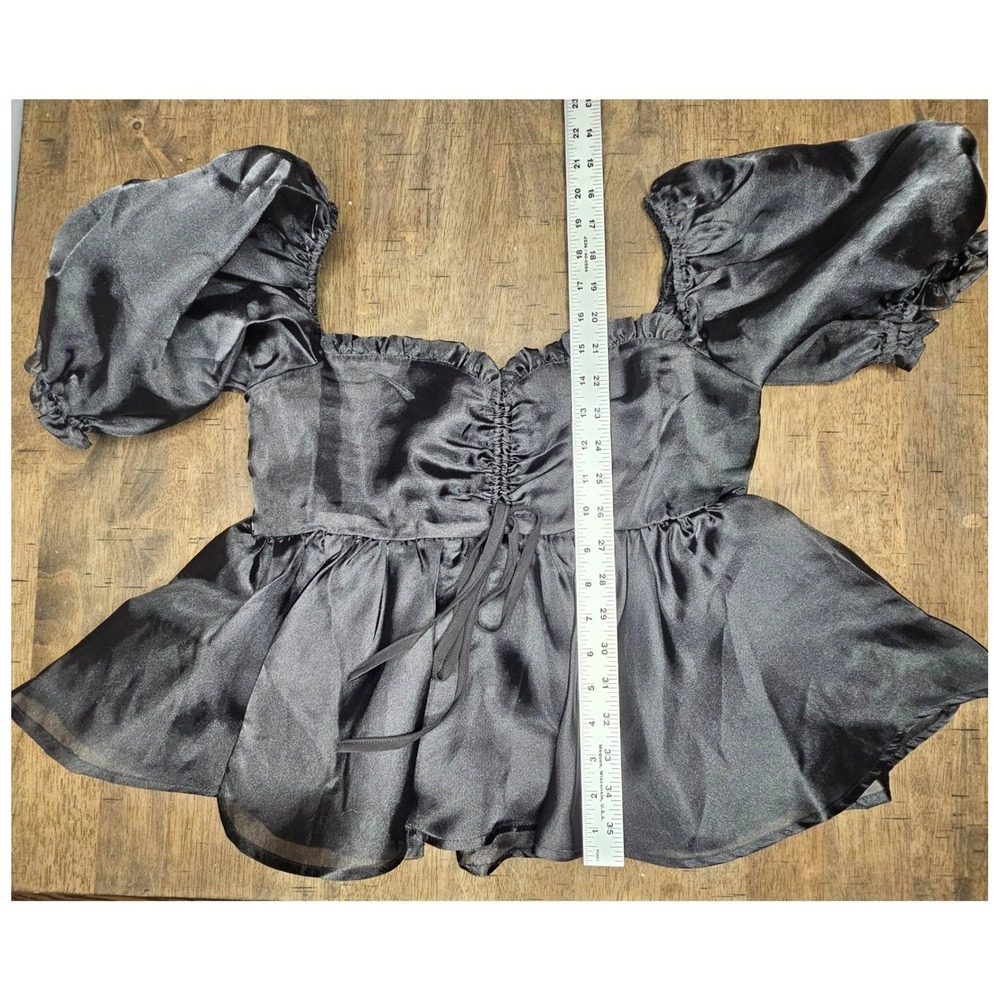 MABLE Black Organza Puff Sleeve Peplum Babydoll Top Smocked Back NWOT Med - Picture 5 of 9